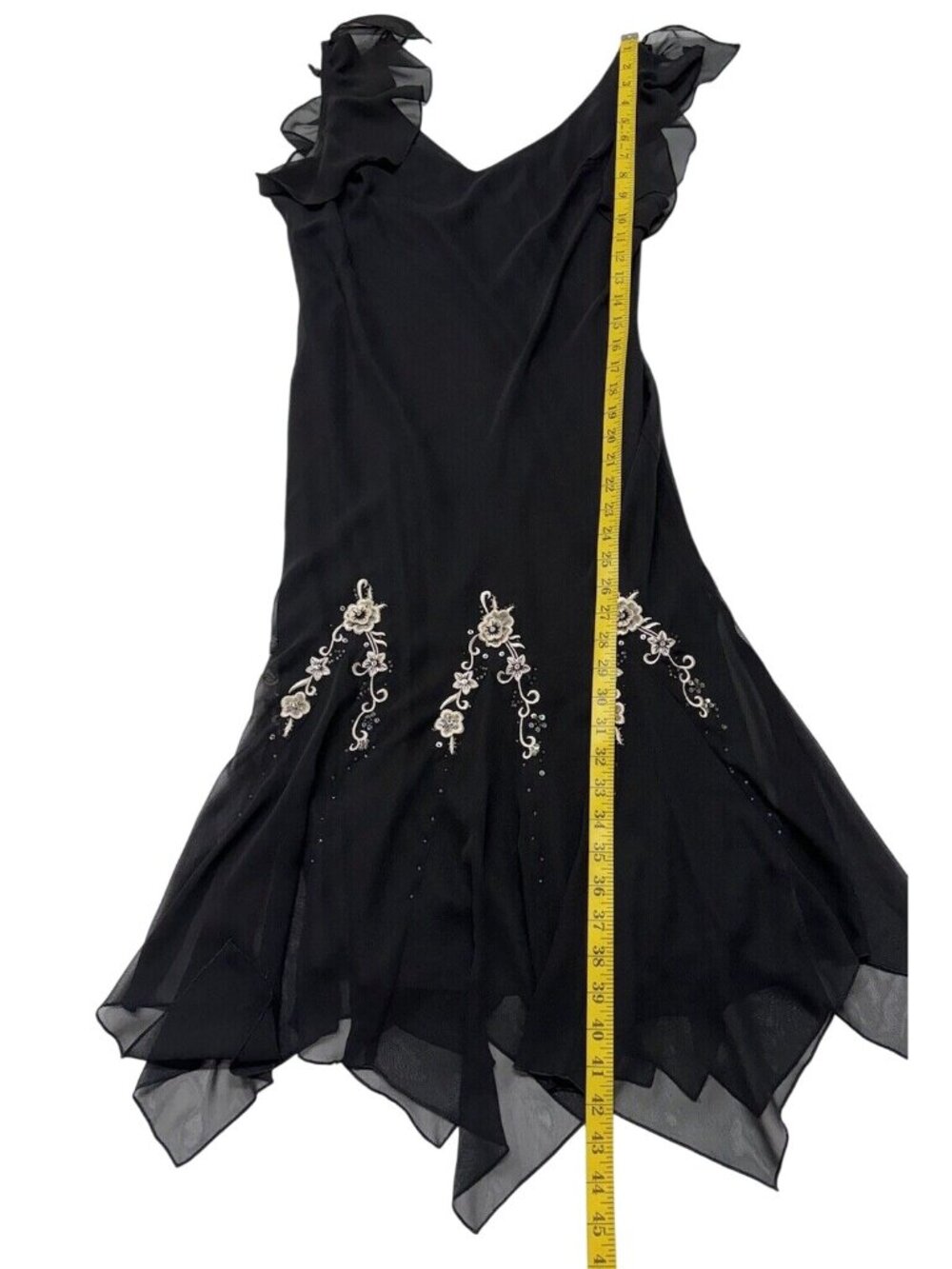 Vintage Y2K Midi Dress Black Tan Beaded Floral Whimsy Goth Fairy Asymmetrical - Picture 7 of 11